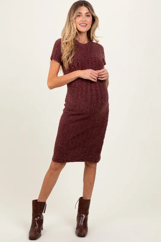 maternity winter maxi dress -Brown Chenille Knit Short Sleeve Maternity Sweater Dress