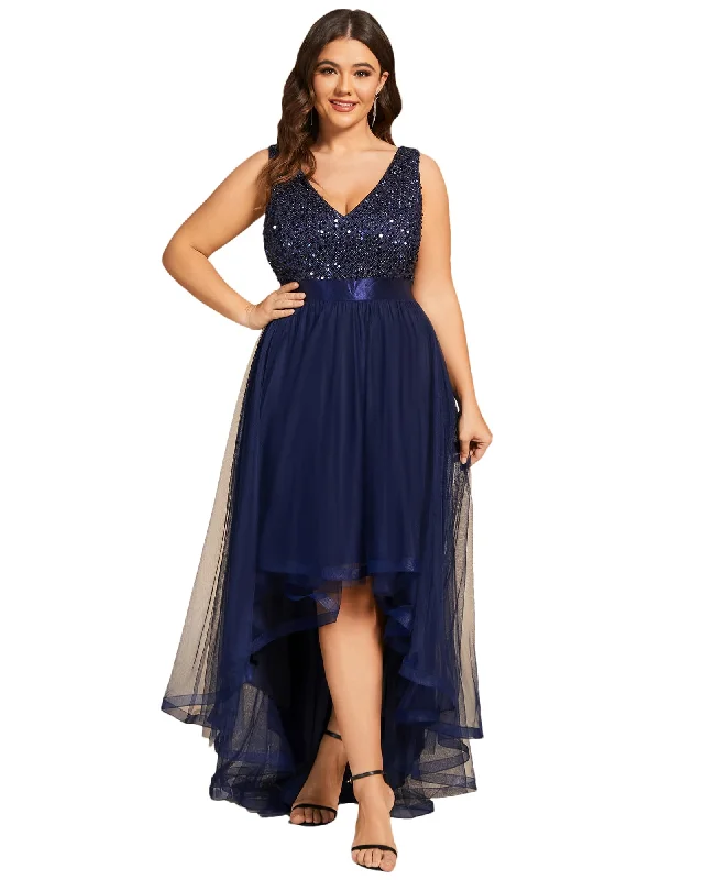 sleeveless daisy embroidered dress -Sleeveless Sequin Ribbon Waist Tulle High Low Evening Dress | Navy Blue