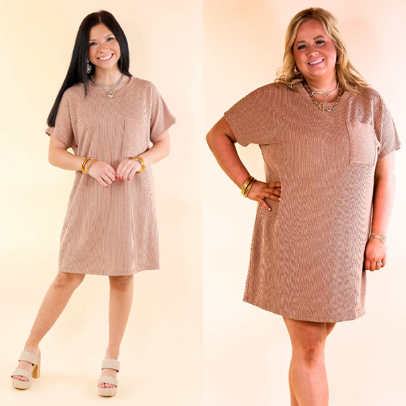 short sleeve dramatic dress -Coffee and Carefree Ribbed Short Sleeve Dress with Front Pocket in Acorn Brown