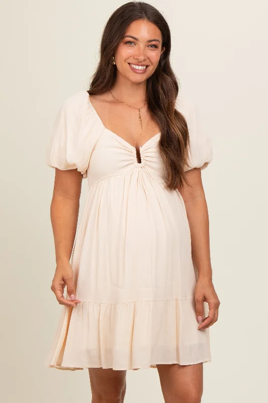 maternity princess cut dress -Cream U Notched Bubble Short Sleeve Maternity Dress