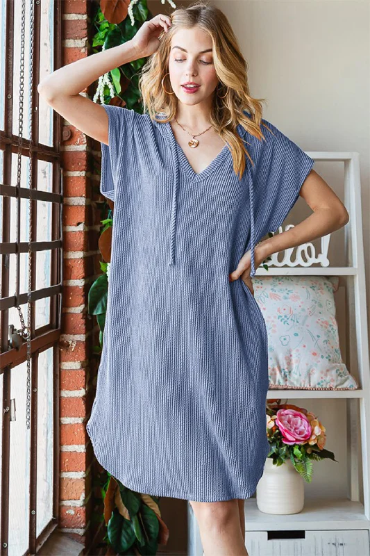 short sleeve open-back dress -Heimish Full Size Ribbed Short Sleeve Hooded Dress