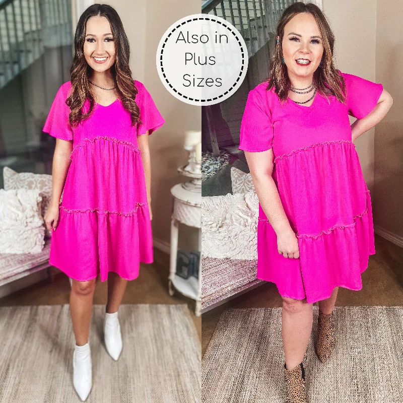 short sleeve belted midi dress -Waiting For Wednesday Short Sleeve Tiered Babydoll Dress in Fuchsia Pink