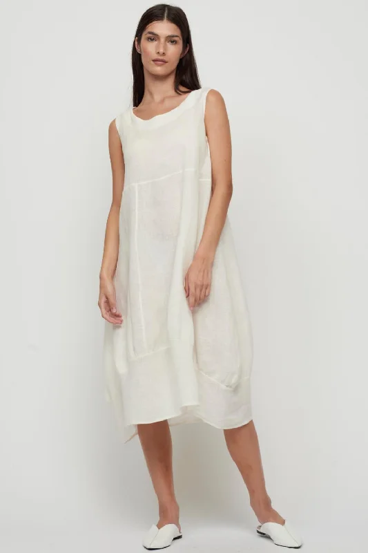 sleeveless minimalist dress -Pistache Sleeveless Linen Bubble Dress with Elastic Underarms N-2900 Ecru