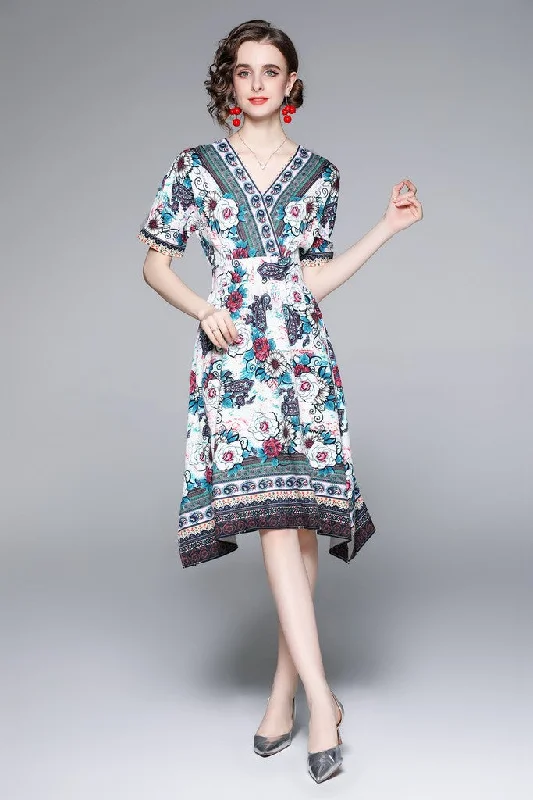 short sleeve polka dot dress -Multicolor Day A-line V-neck Short Sleeve Knee Printed Dress