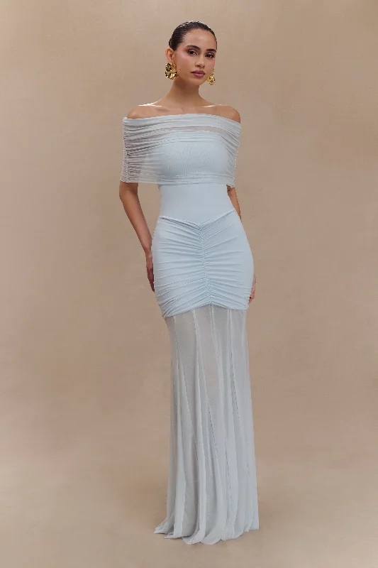 Women's maxi dress muted teal -Caspian Slinky And Mesh Off Shoulder Maxi Dress - Pale Blue