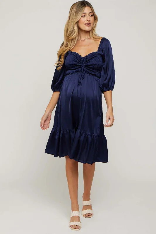 maternity vintage dress -Navy Satin Smocked Ruffle Hem Maternity Dress