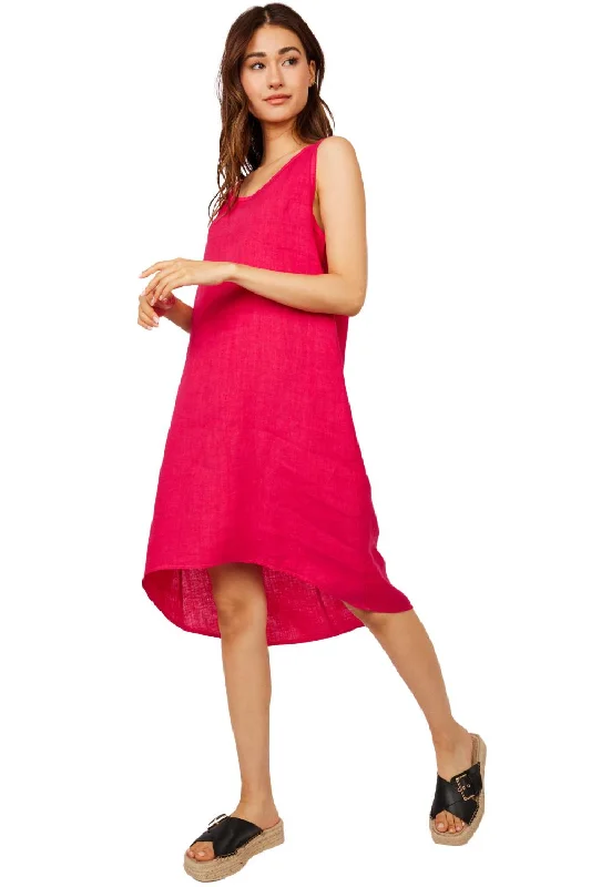 sleeveless frill hem dress -Pistache Sleeveless Hi Lo Hem Linen Dress, Fuschia (R0230)