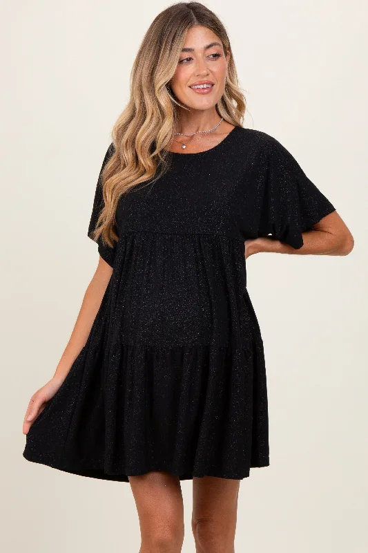 maternity wrap maternity dress -Black Glitter Flutter Sleeve Tiered Maternity Dress