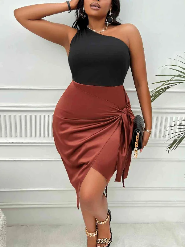 sleeveless tunic dress -Plus Size One-Shoulder Sleeveless Tied Dress