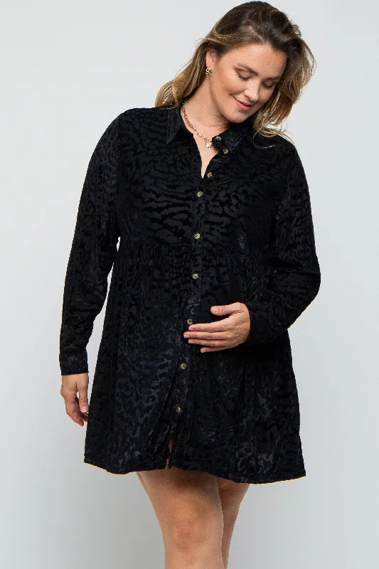 maternity trendy baby shower dress -Black Burnout Velvet Maternity Plus Button Up Dress