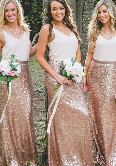 sleeveless peplum dress -Sequins Chiffon Floor-length Sheath Sleeveless Simple Bridesmaid Dress