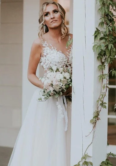 sleeveless plunging neckline dress -Lace Tulle Floor-length Sweep Train A Line Sleeveless Bohemian Wedding Dress