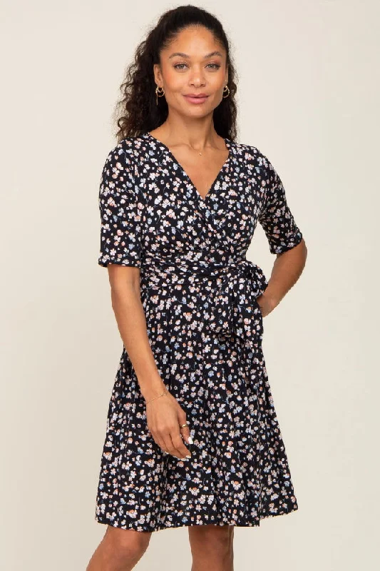 short sleeve tropical dress -Black Floral Wrap Front V-Neck Short Sleeve Dress