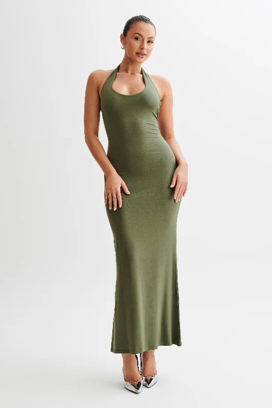 Women's maxi dress cozy knit -Jessica Modal Halter Maxi Dress - Military Olive