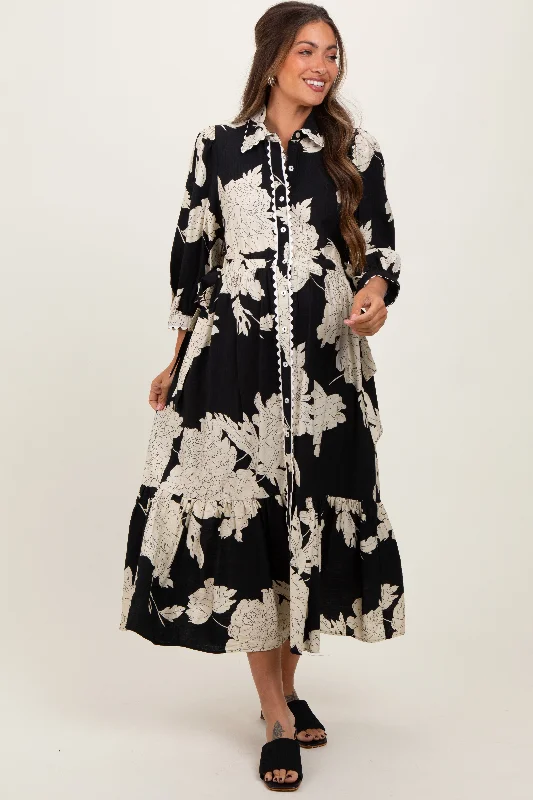 maternity elegant dress -Black Floral Print Cinched Tie Waist Maternity Shirt Dress