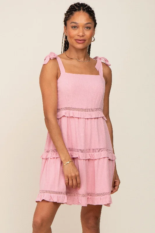 sleeveless pleated chiffon dress -Pink Sleeveless Tiered Dress