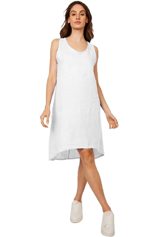 sleeveless modest dress -Pistache Sleeveless Hi Lo Hem Linen Dress, White (R0230)