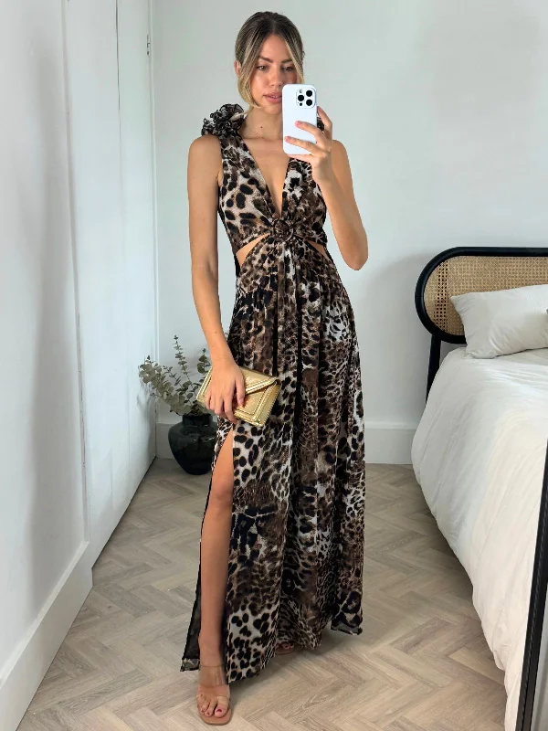 Women's maxi dress delicate lace -Layla Maxi dress with shoulder corsage / Animal print