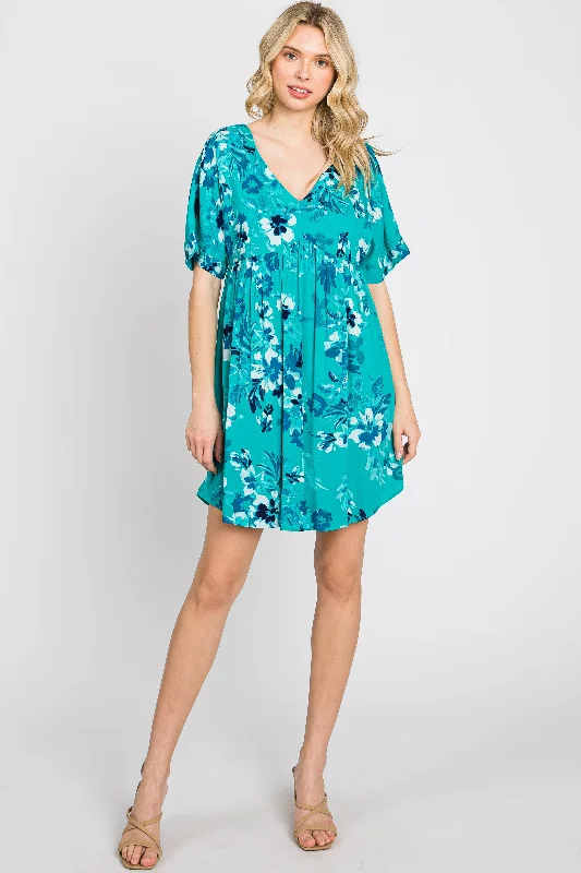 short sleeve floral embroidered dress -Teal Tropical Floral V-Neck Short Sleeve Dress