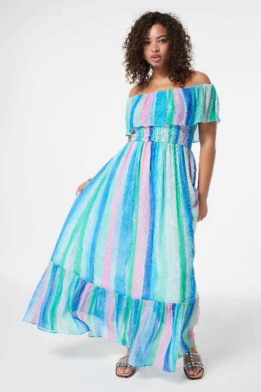 Women's maxi dress relaxed denim -Rainbow Stripe Bardot Maxi Dress