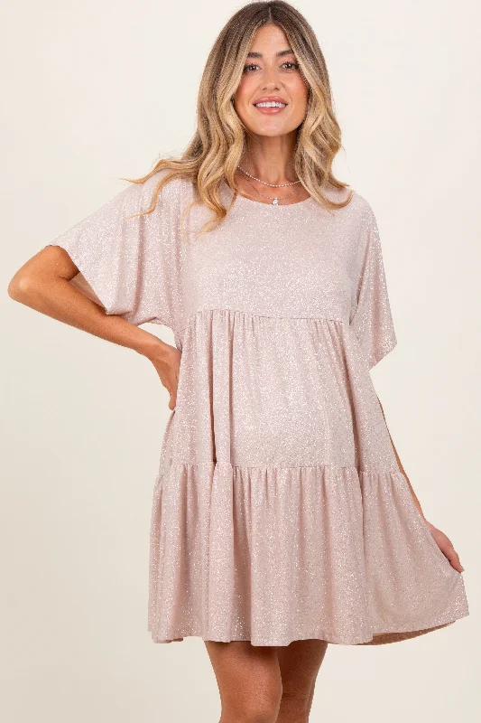 maternity elegant lace dress -Beige Glitter Flutter Sleeve Tiered Maternity Dress