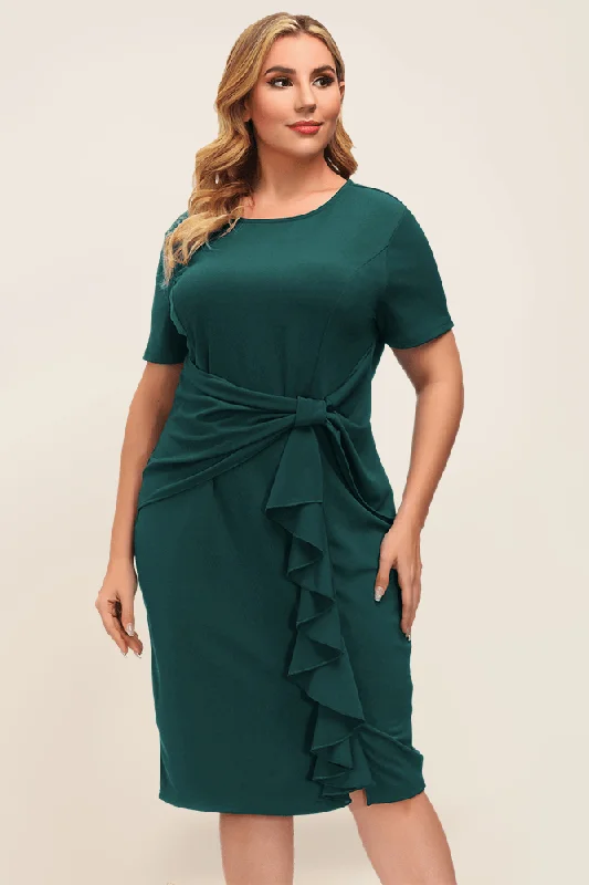 short sleeve button-down dress -HN Women Plus Size Ruffle Decorated Bodycon Dress Short Sleeve Crew Neck