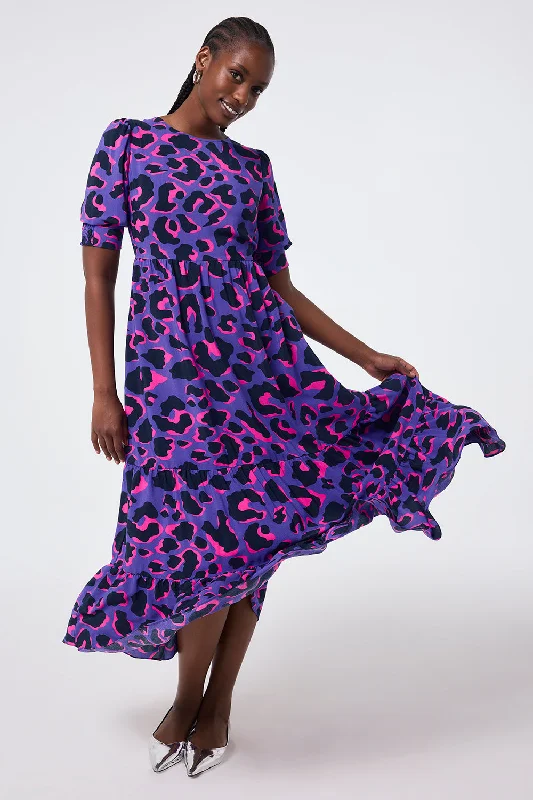 Women's maxi dress tailored stripe -Purple with Pink and Black Snow Leopard Maxi Dress