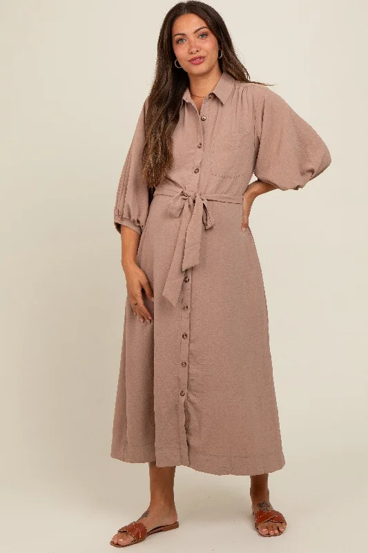 maternity eco conscious dress -Mocha Button Down Maternity Shirt Dress