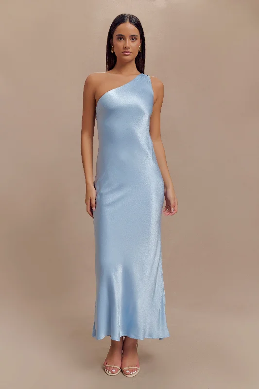 Women's maxi dress sunny peach -Camille One Shoulder Satin Maxi Dress - Cornflower Blue