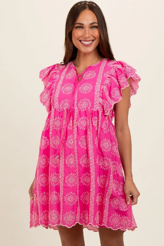 maternity plus size maternity dress -Pink Embroidered Flutter Sleeve Maternity Dress