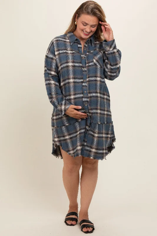 maternity versatile maternity dress -Blue Plaid Button Down Raw Hem Plus Maternity Dress