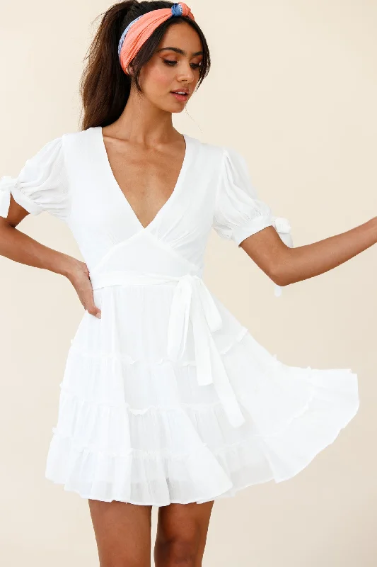 short sleeve fashion-forward dress -Jocelyn Short Sleeve Tied Cuff Layered Ruffle Dress White