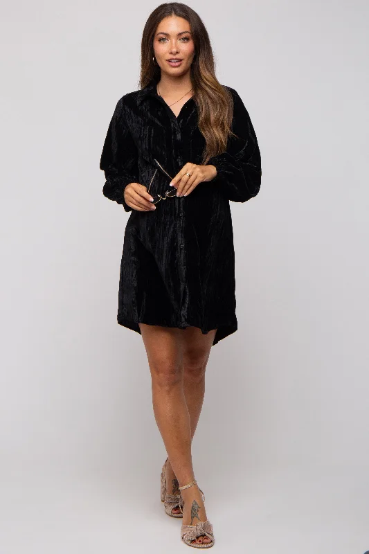 maternity a line dress -Black Velour Button Up Maternity Dress