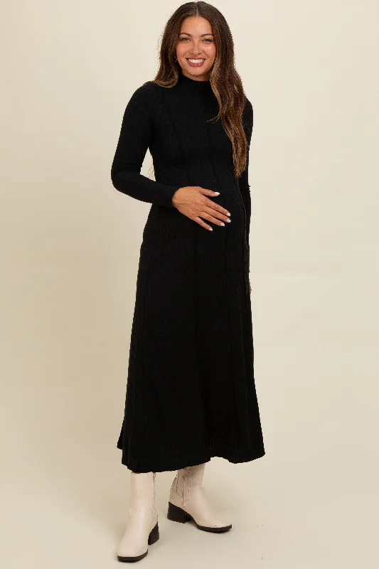 maternity fitted evening gown -Black Ribbed Exposed Seam Mock Neck Maternity Dress