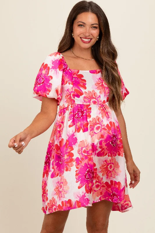 maternity pink dress -Fuchsia Floral Puff Sleeve Maternity Dress