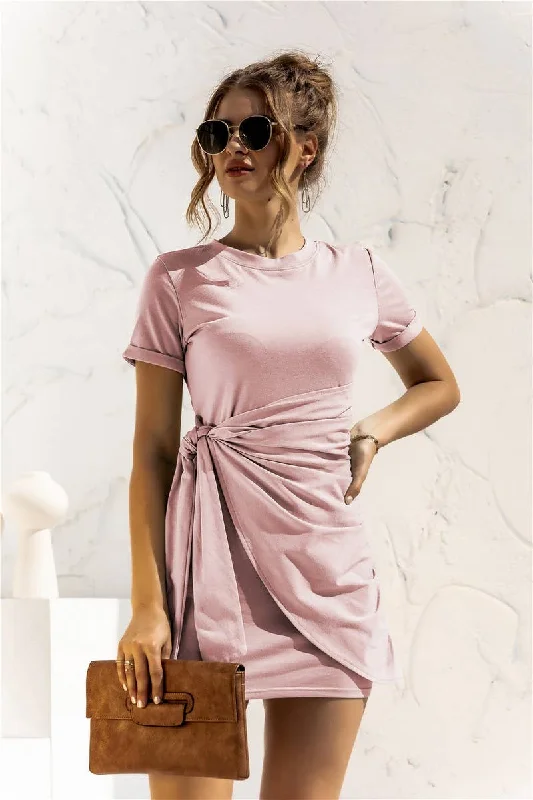 short sleeve holiday dress -DESIGN SENSE LACE UP SHORT SLEEVED DRESS_CWDSD2628