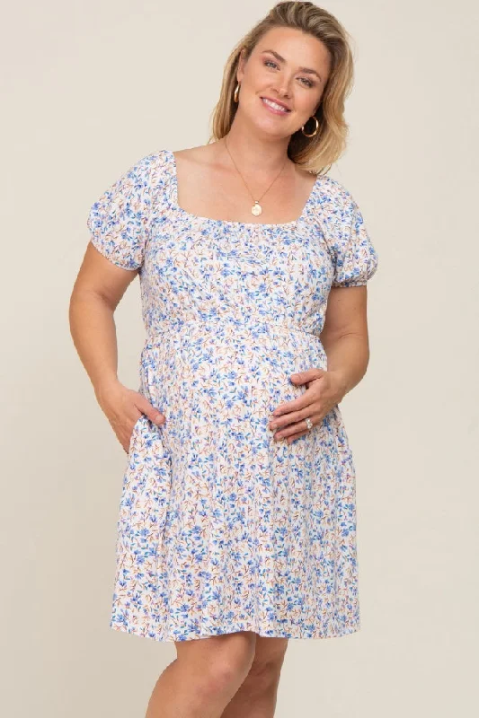 maternity wedding guest dress -White Floral Short Puff Sleeve Maternity Dress