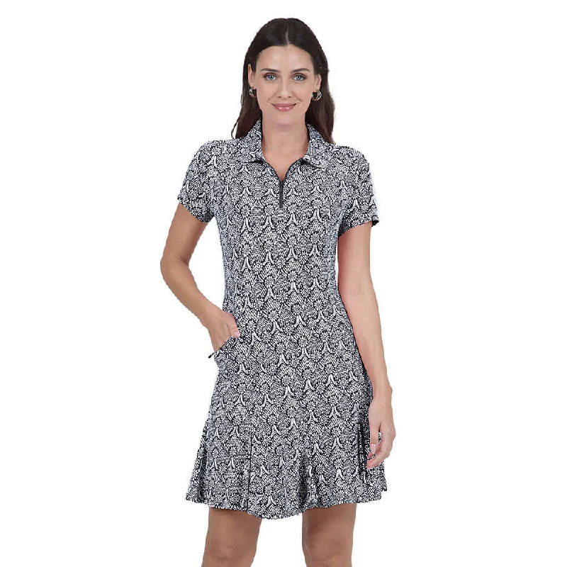 short sleeve button-down dress -IBKUL Women's Leslie Print Short Sleeve Polo Dress - Black/White