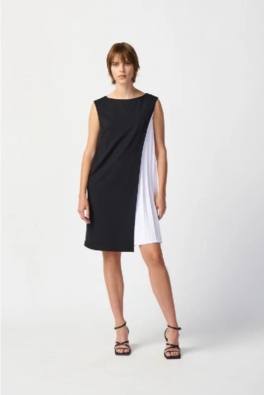 sleeveless fringed dress -Joseph Ribkoff Black/Vanilla Two-Tone Pleated Sleeveless Shift Dress 241160