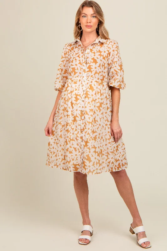 maternity sleeveless summer dress -Camel Floral Button Down Maternity Dress