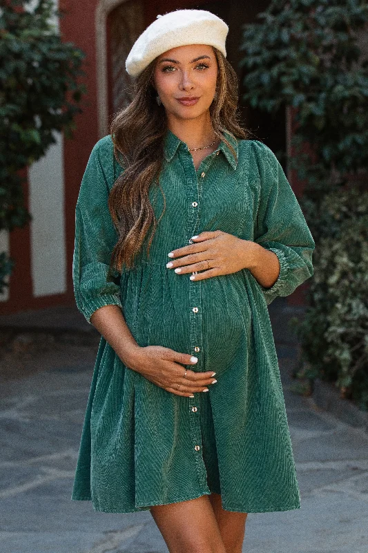 maternity travel dress -Green Corduroy Button Down Collared Maternity Dress