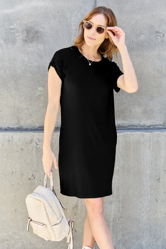 short sleeve weekend dress -Basic Bae Bamboo Full Size Round Neck Short Sleeve Dress with Pockets