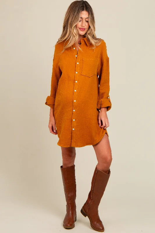 maternity office dress -Camel Rolled Cuff Maternity Button Down Dress