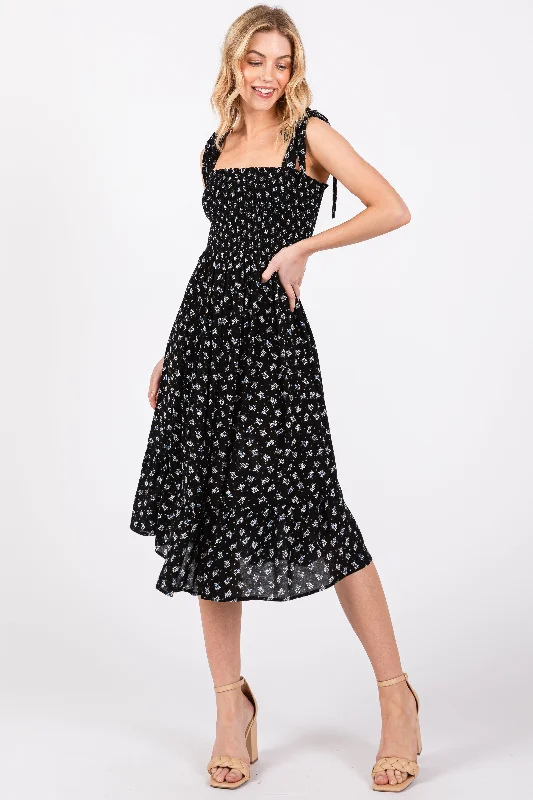 sleeveless date night dress -Black Floral Sleeveless Knotted Strap Dress