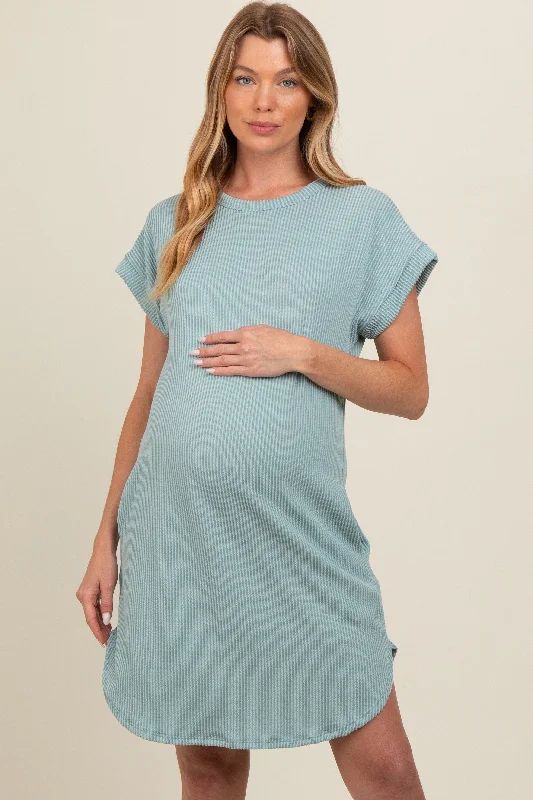 maternity trendy dress -Light Olive Ribbed Round Hem Maternity Dress