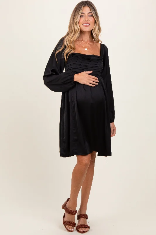 maternity eco conscious dress -Black Satin Pleated Detail Bodice Maternity Dress