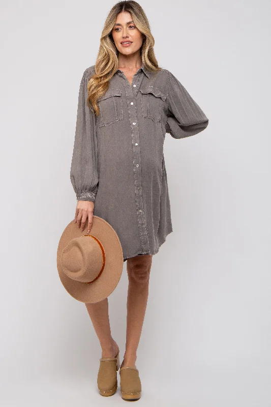 maternity nursing friendly dress -Charcoal Vintage Wash Maternity Shirt Dress