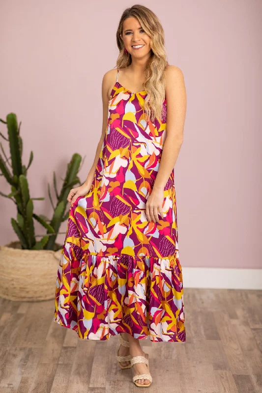 Women's maxi dress subtle collar -Raspberry and Yellow Tropical Print Maxi Dress