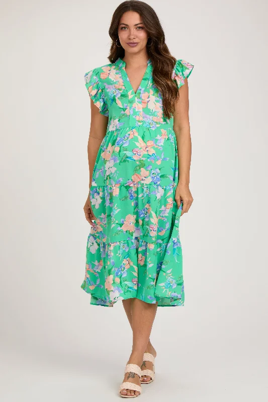 maternity stylish work dress -Green Floral Ruffle Tiered Maternity Dress