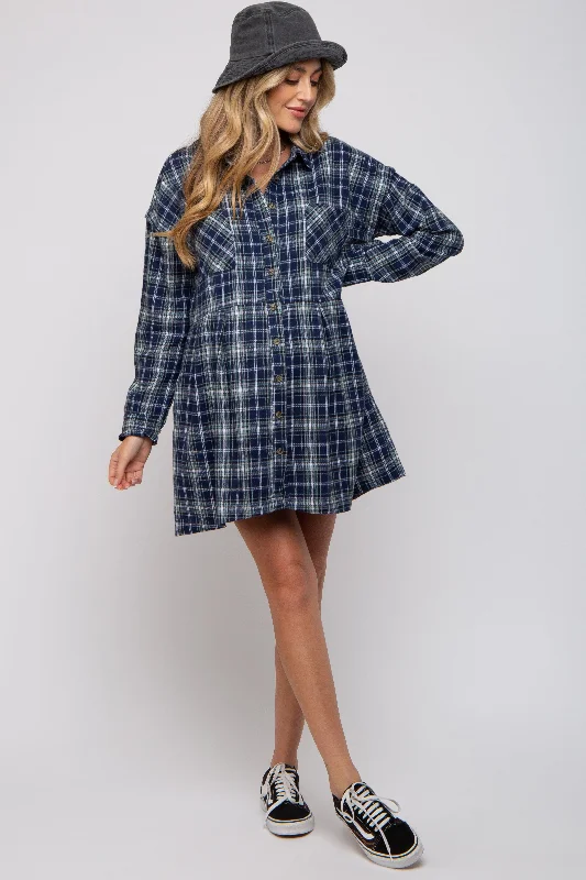 maternity eco-friendly dress -Navy Plaid Button Front Long Sleeve Maternity Dress